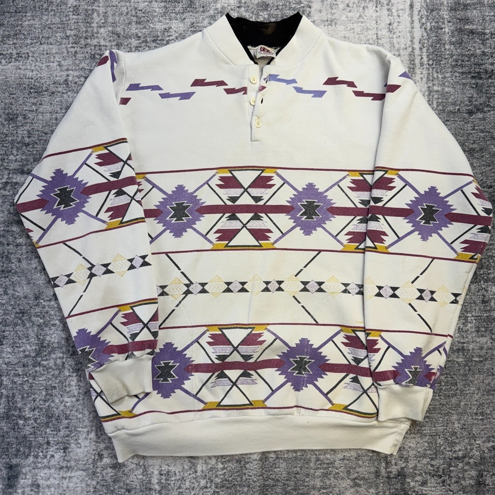 VTG Art Unlimited Aztec Sweatshirt‎ Mens Large Henley Pullover Sweater USA 90s